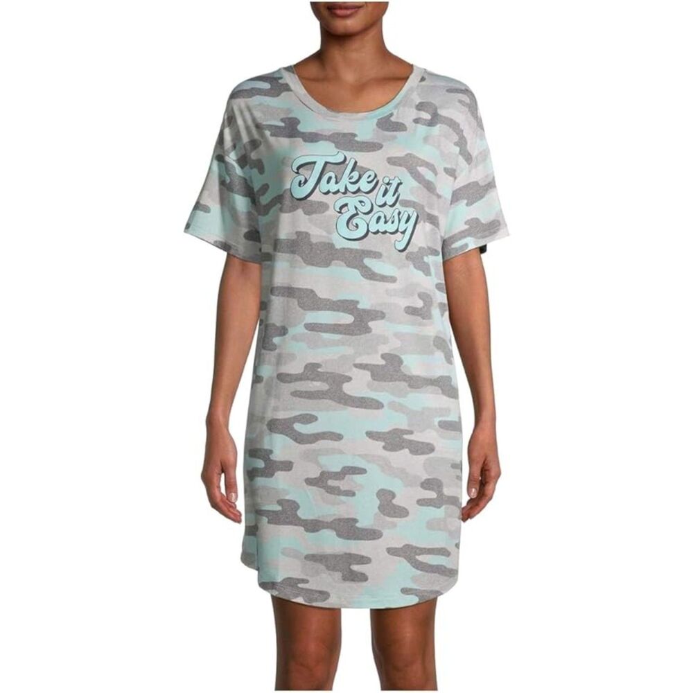 Secret Treasures Take It Easy Blue & Gray Camo Nightgown Long Sleepshirt M